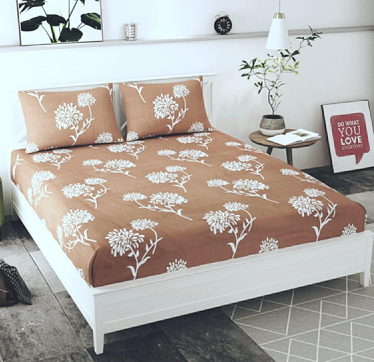 Gurnoor Queen Size Elastic Fitted Floral Double Bedsheets with 2 Pillow Covers- Brown