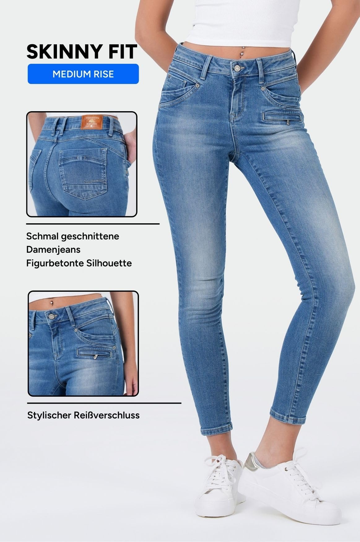 M.O.D Suzy Damen Skinny Jeans – Skinny Fit Damenjeans, Stretch Denim Hose, figurbetonte Damenhose mit Reißverschluss-Details, mittlere Bundhöhe, vielseitig kombinierbar