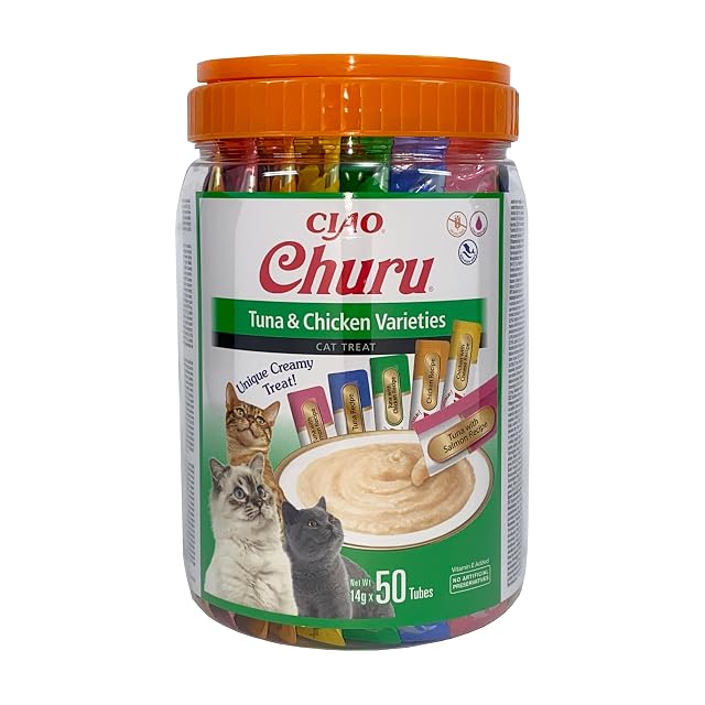 INABA Churu Snack para Gatos, Cubo Multipack Atún y Pollo, 50 x 14g