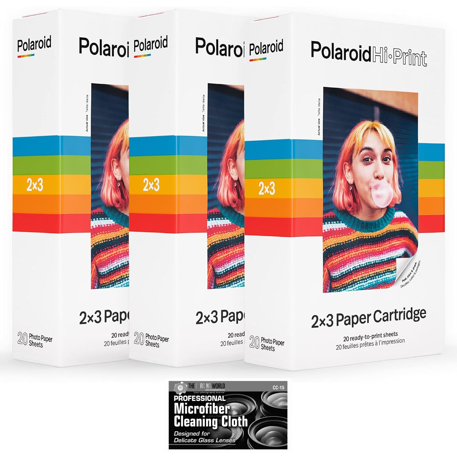 Polaroid Hi-Print Paper - Triple Pack of 2x3 Paper Cartridge (60 Sheets) - with MicroFiber Cleaning Cloth