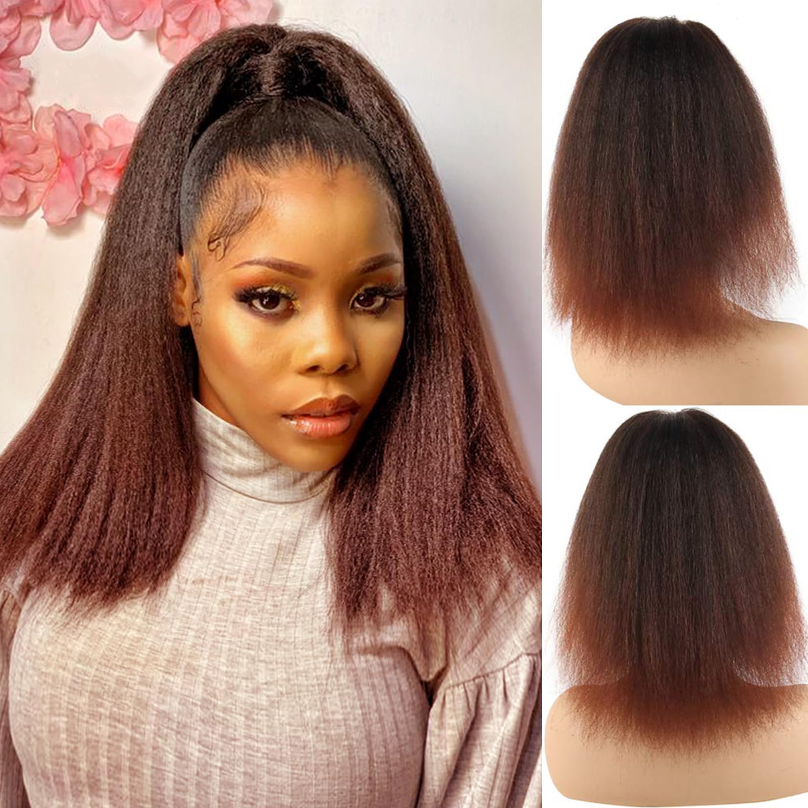 LEOSA Kinky Straight Ponytail Extension 14 inch Drawstring Ponytails for Black Women Short Ombre Burgundy Yaki Drawstring Ponytail Hair Extensions