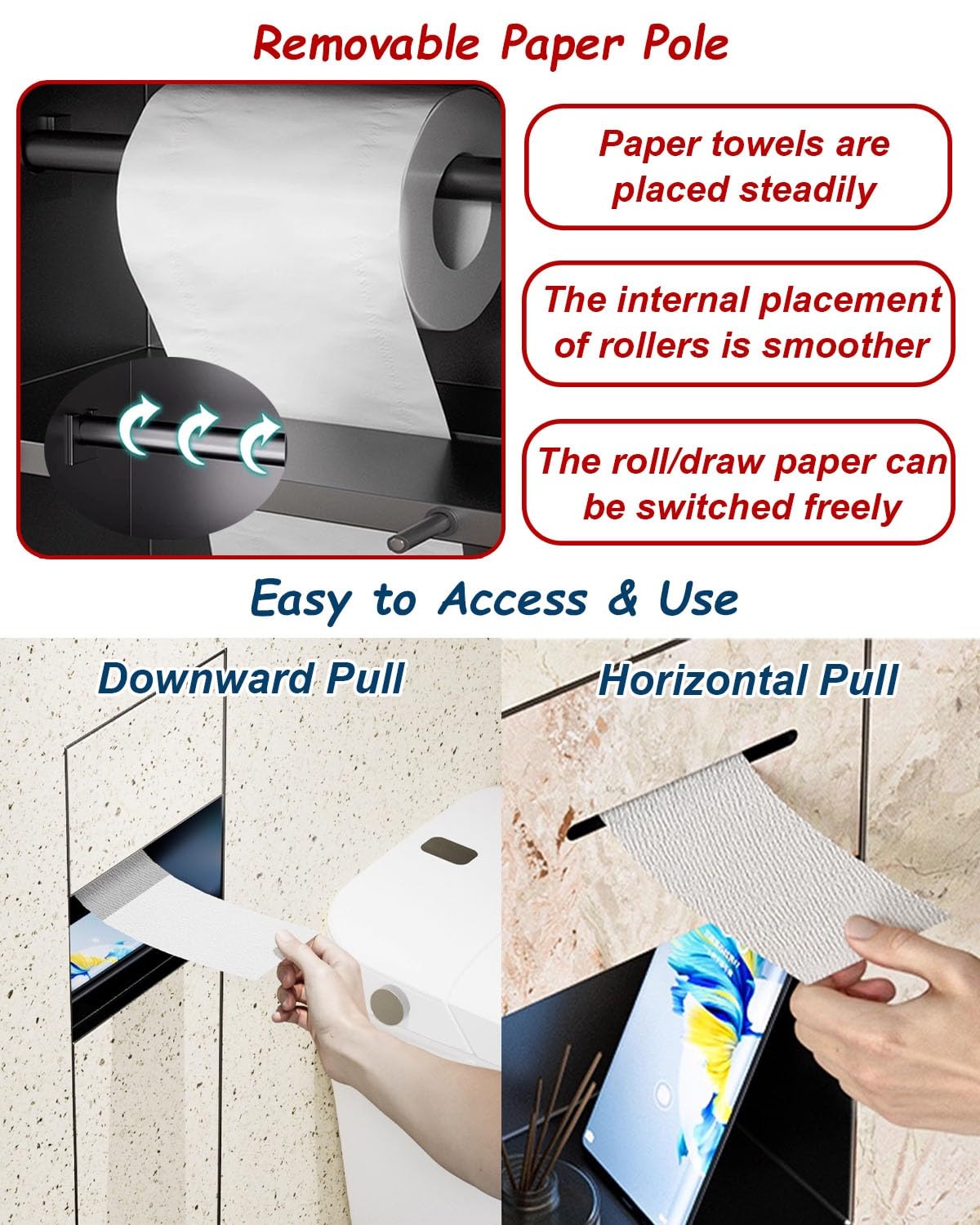 Vibeo Portarrollos Empotrable Portarrollos de Papel Higiénico Empotrado con Cubo de Basura, Dispensador de Nicho para Inodoro Alicatable, Porta Rollos de Papel Higiénico Oculto