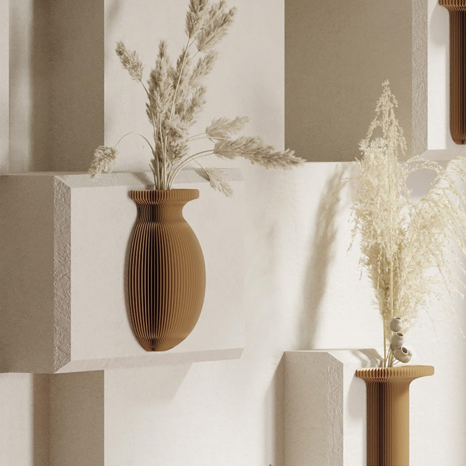 Faltbare Wandvase aus Papier mit Kleberückseite – Deko Wandvase im Akkordeonstil für Trockenblumen Pampasgras Kunstpflanzen Flur Bad Wohnzimmer Schlafzimmer,White-A