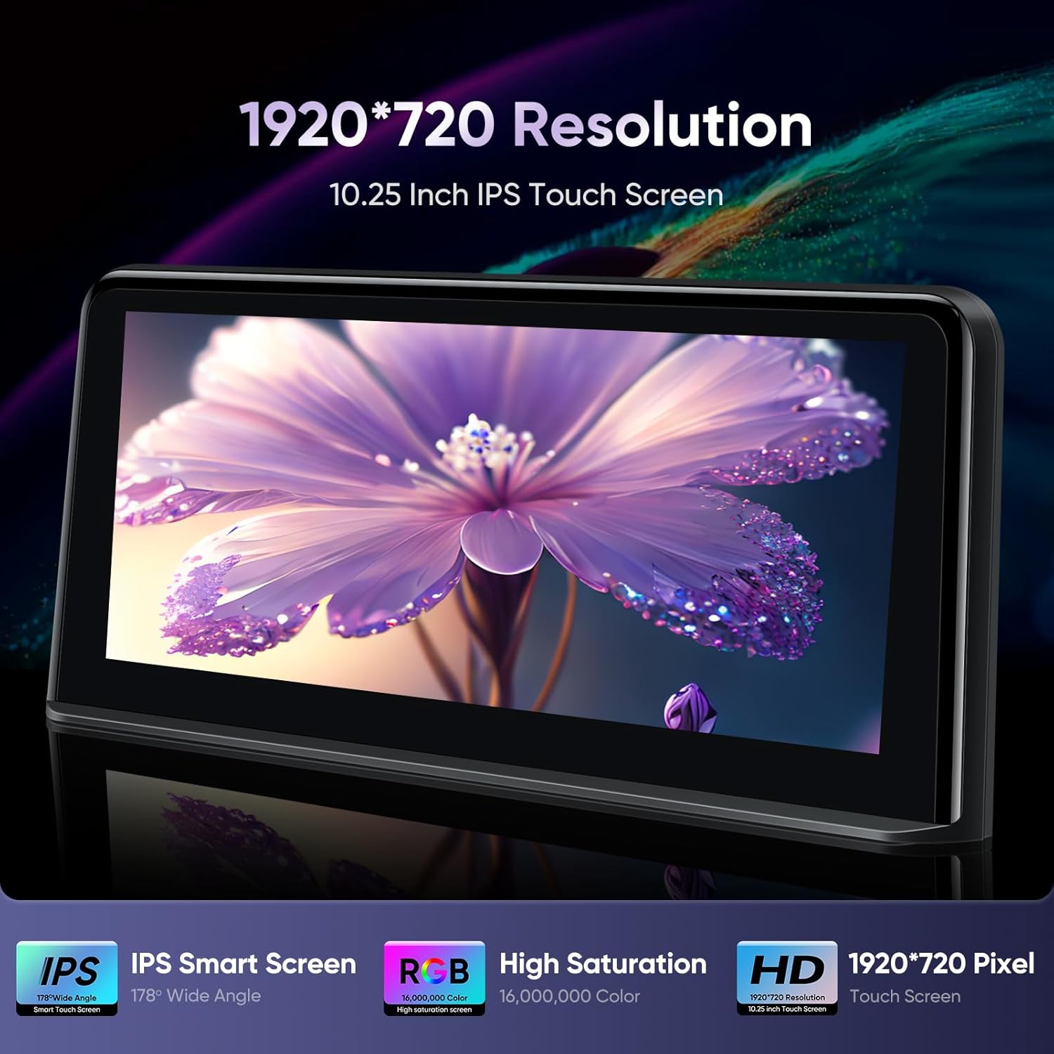 Close-up of the GTRUI 10.25-inch IPS touch screen, highlighting its 1920x720 resolution and wide viewing angle.