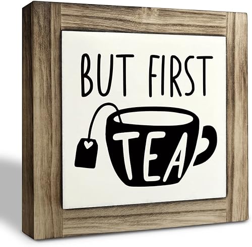 Letrero de placa de madera de té, pero primer té, caja de placas de madera, decoración de escritorio, placa de madera vintage para cocina,