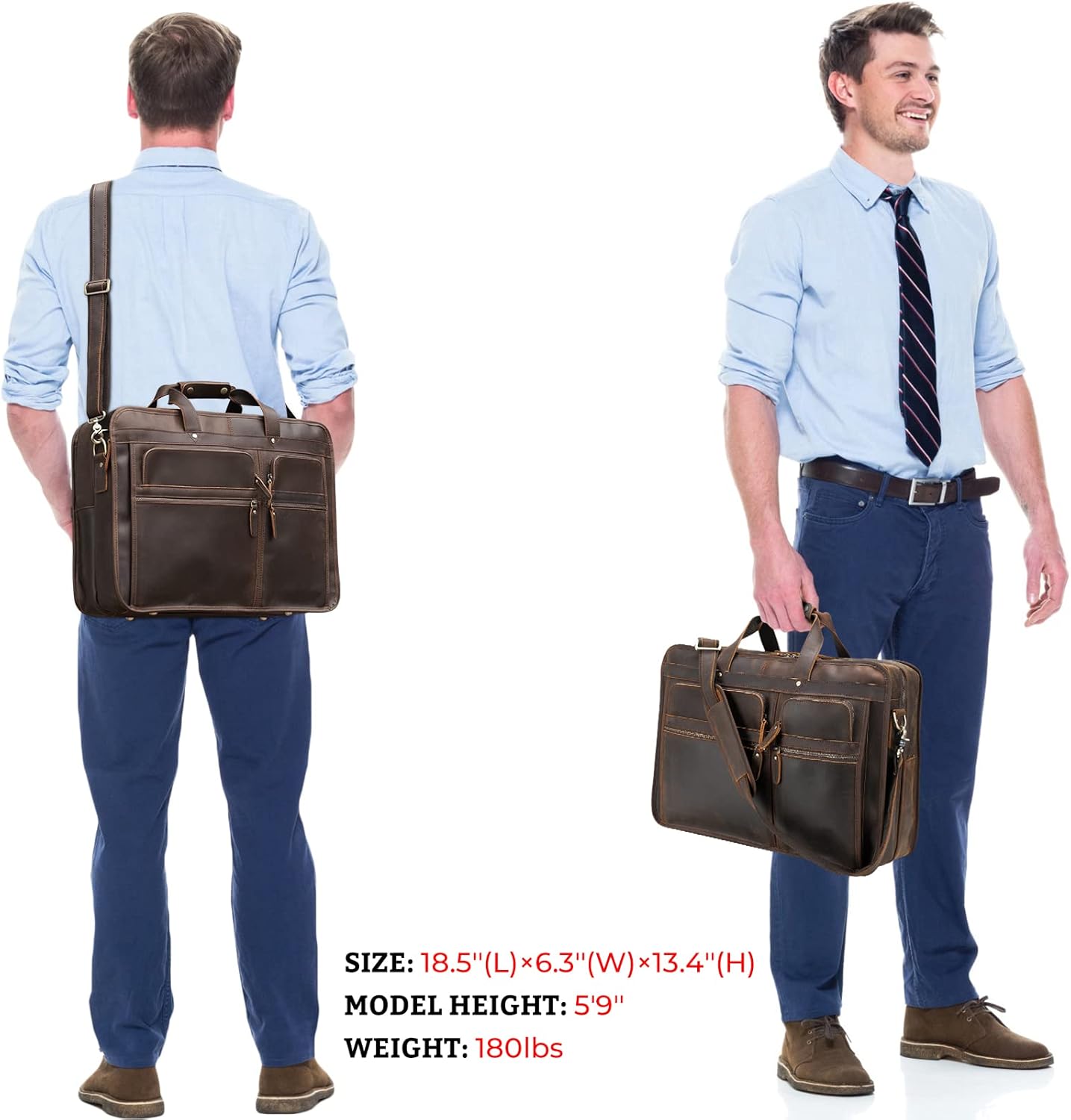 Polare 18.5” Full Grain Leather Laptop Briefcase Messenger Bag Tote For Men Large Fits 17.3” Laptop - Image 3