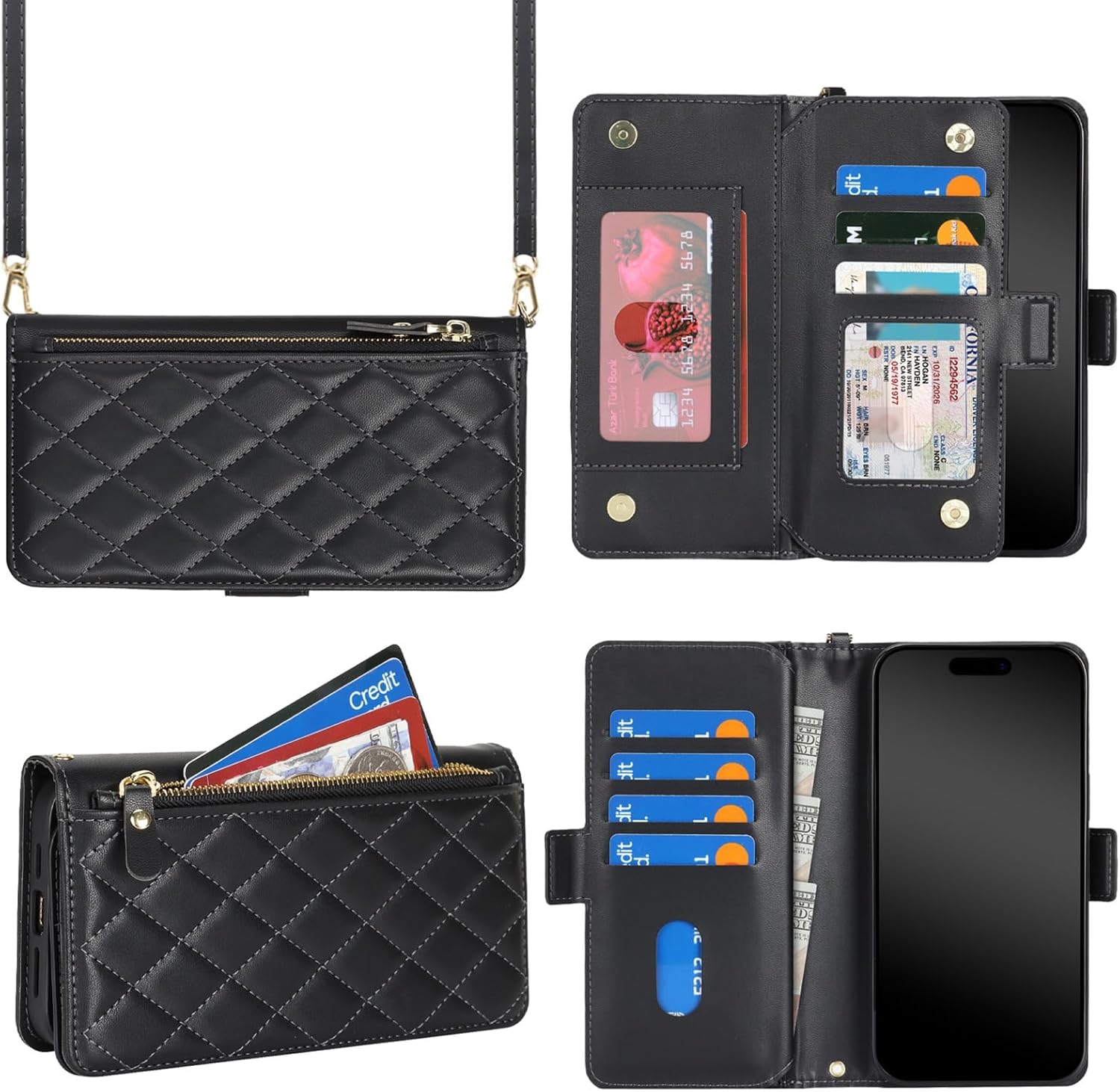 Jaorty for iPhone 13/14 Phone Case Wallet with Crossbody Strap, Shoulder Necklace Lanyard,flip Cover PU Leather, Rhombus for Women Men, Zipper Pocket, Kickstand, Card Holder, 6.1" Black