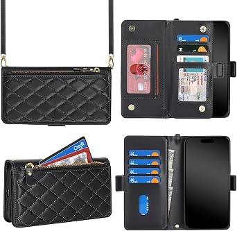 for iPhone 11 Case Wallet Purse with Long Strap,6.1",Black