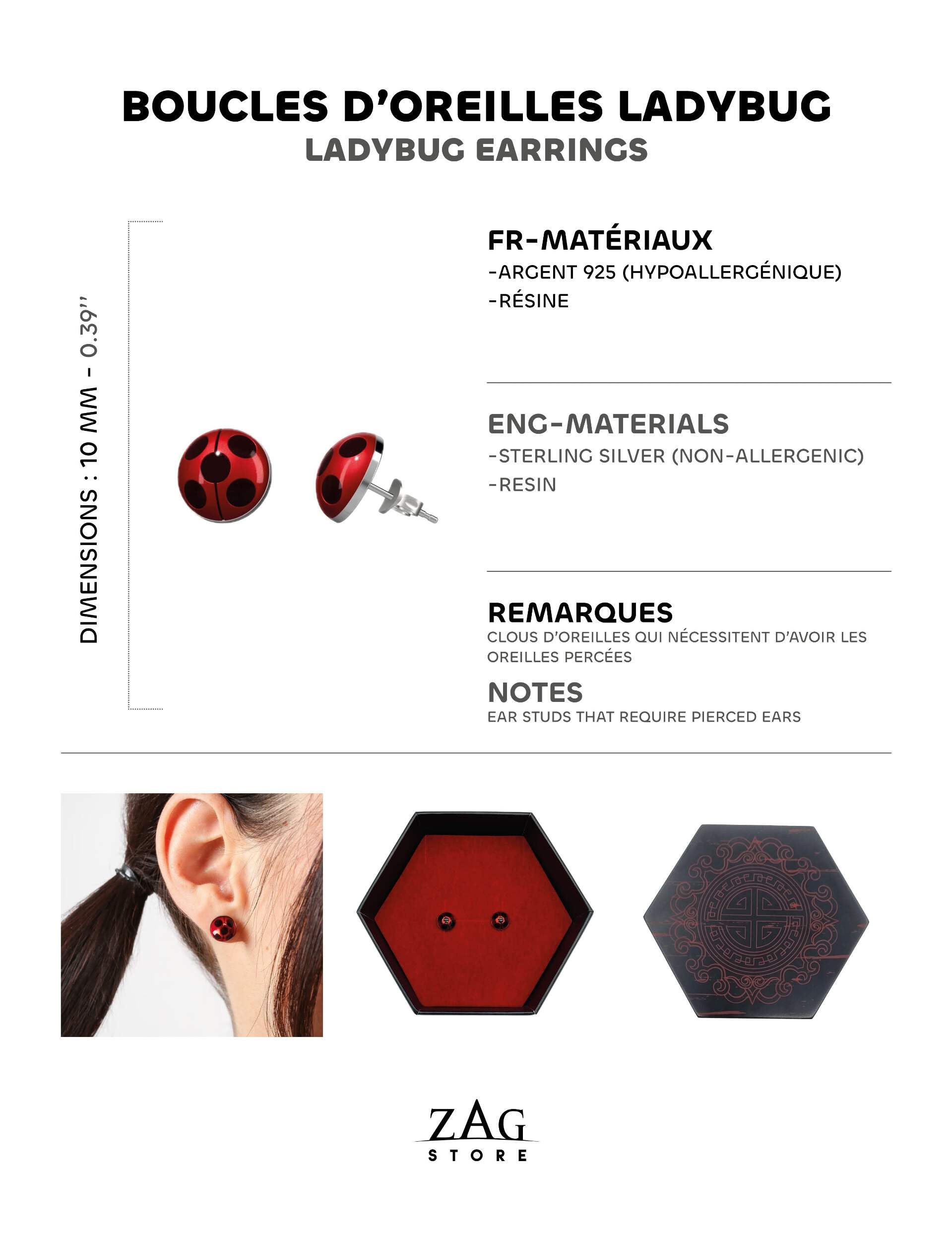 ZAG STORE - Miraculous Ladybug - Orecchini Ladybug, nessun tipo di metallo, Acciaio inossidabile