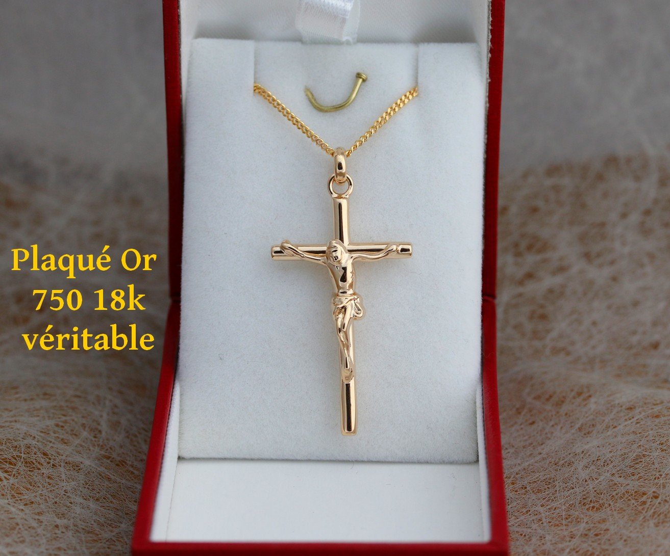 Collier homme | Croix ronde chrétienne Jesus | en plaqué Or authentique | ensemble pendentif avec chaine 50cm | boite cadeau pour homme ado | pour communion anniversaire