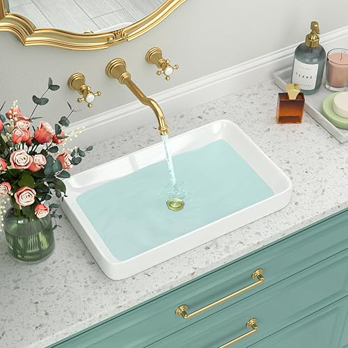 Miniatura 90 de Fregadero de baño de porcelana de cerámica rectangular de 24 x 14 pulgadas sobre mostrador, lavabo de arte blanco y negro Blanco