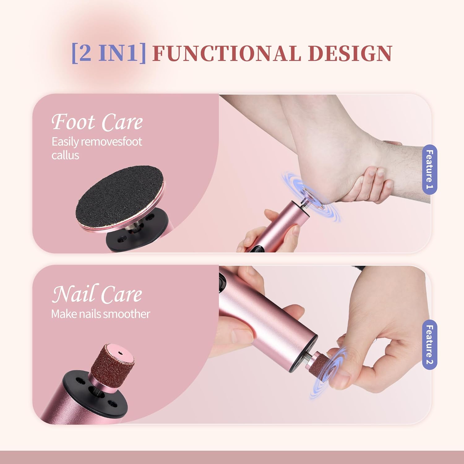 Electric Foot Callus Remover, Rechargeable Pedicure Foot File with 9 Adjustable Speeds, LED Display, Type-C Charging, Includes 20 Sanding Discs & Nail Drill Bits for Dead Skin Removal (Pink)