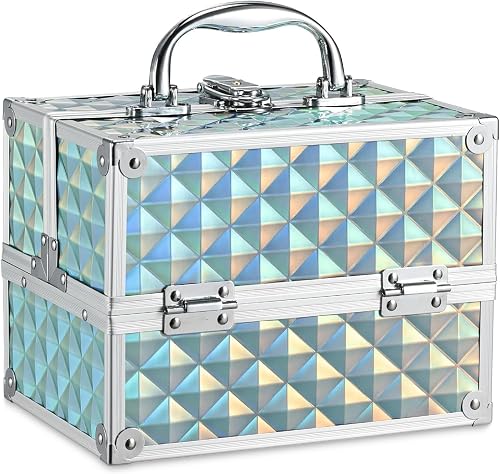 Frenessa Makeup Case 4 Trays Cosmetic Box Lockable Vanity Beauty Organiser Holder Box for Kids, Shiny Blue, vanity case for kids, girls and women