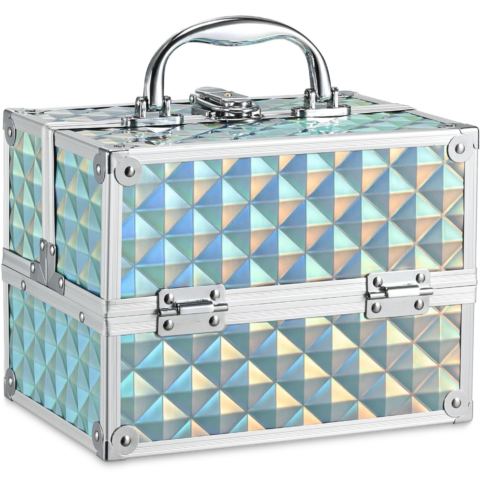 Frenessa Make-up-Koffer mit 4 Ablagen, abschließbar, Kosmetik-Organizer, Aufbewahrungsbox für Kinder, Glänzendes Blau, 22.5x16x17cm, Schminkkoffer für Kinder, Mädchen und Frauen
