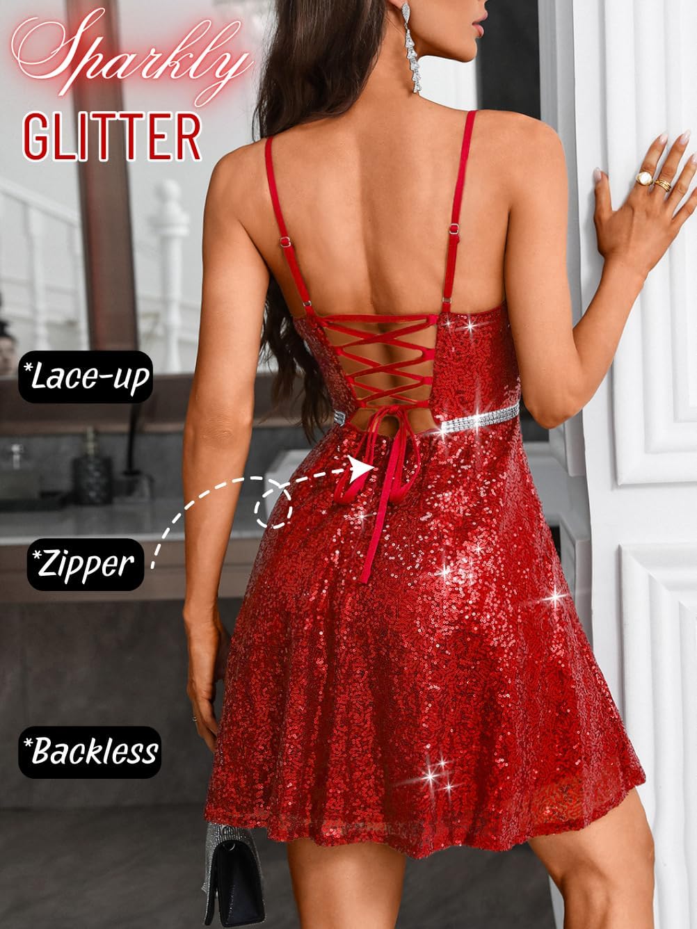 Kaei&Shi Sequin Mini Dress,Deep V Backless Sexy Dresses for Women,Sparkly New Years Cocktail Party Vegas Outfits - Image 5