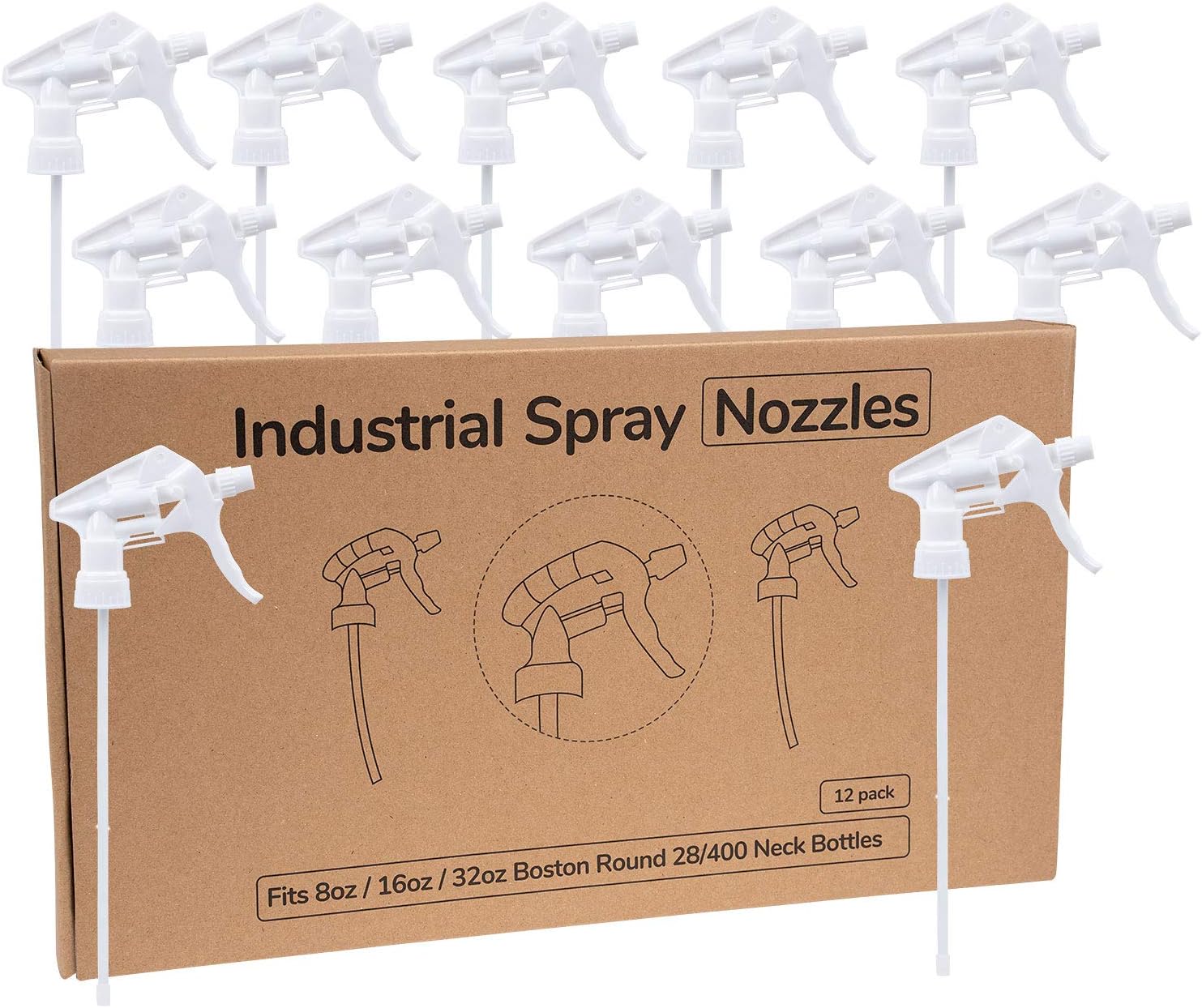 Everyday Essential 365 Industrial Spray Bottle Trigger Replacement - Spray Nozzle for Bottles - Trigger Sprayer Heads for 8oz / 16oz / 32oz Boston Round 28/400 Neck Bottles (12 Pack)