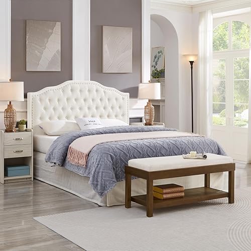 Miniatura 79 de 24KF Cabecera capitonada tapizada tamaño Queen y matrimonial con botones y ribete de cabeza de clavos, cabecera de tela de terciopelo suave,