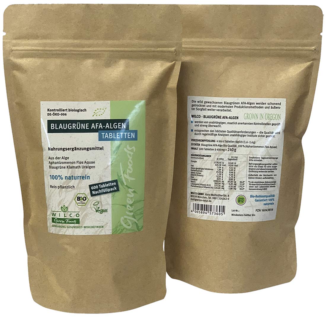 WILCO Bio AFA Alge 600 Presslinge Nachfüllpack - 100% Naturreines Nahrungsergänzungsmittel für körperliche Fitness und ein gesteigertes Wohlbefinden