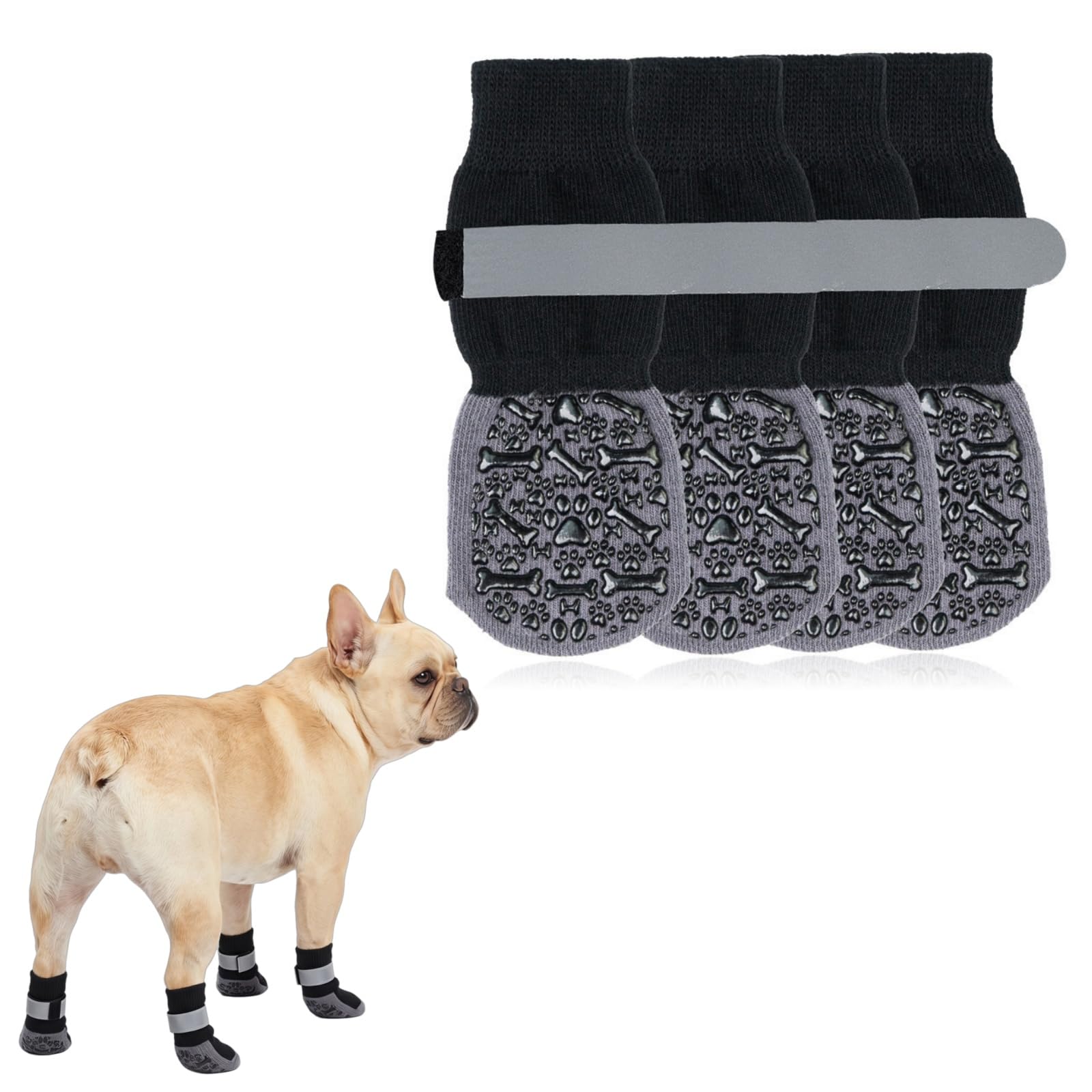 2 Pairs Dog Socks with Grippers Stop Licking Paws,Anti Slip Dog Shoes with Adjustable Strap Rubber Bottom for Hardwood Floor,Puppy Cat Paw Protectors for Indoor Outdoor Use (Black (Bone), XL)