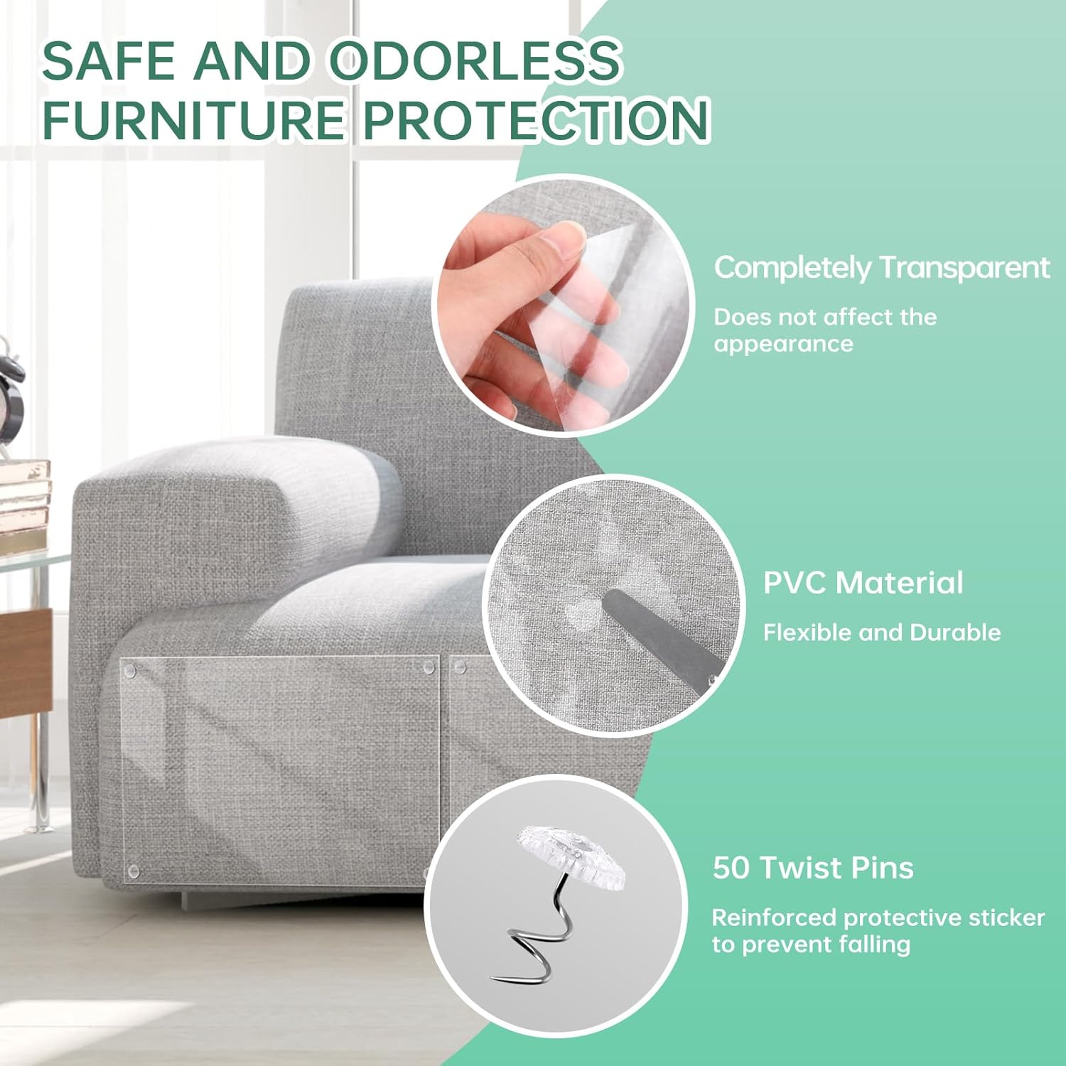 review Anti Cat Scratch Furniture Protector, Couch Protector from Cat Claws Clear Cat Couch Protector Self-Adhesive Single Side Couch Protector for Cats (12 Pack+50 Twist Pins)