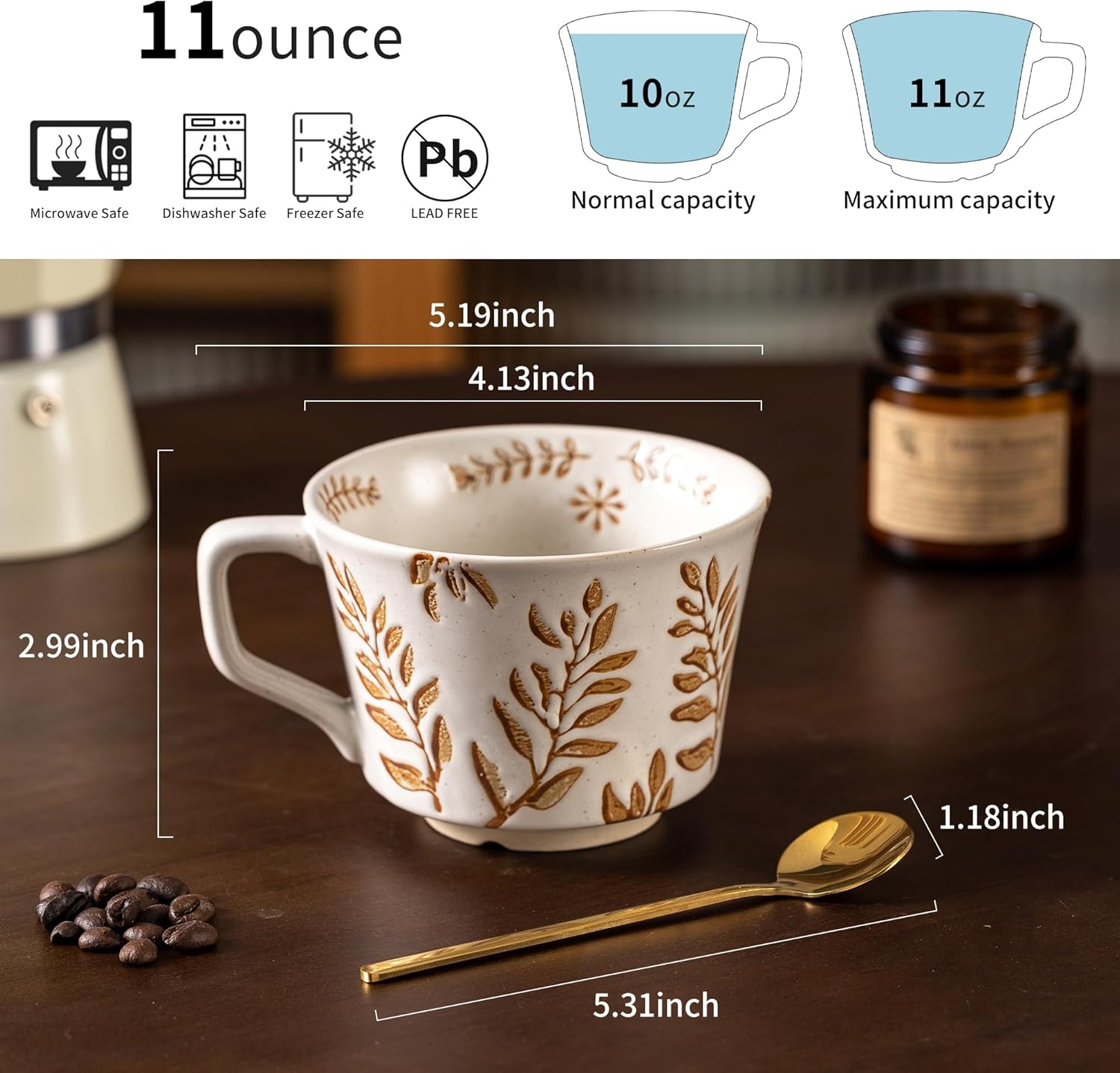 Ceramic Mugs 11 oz Unique Luxurious Cups Set of 4 with Premium Spoon, Mug for Coffee Milk Latte Cappuccino Tea, for Office Home Dishwasher Birthday Gift Microwave Freezer Safe Stoneware Mixed - Image 4