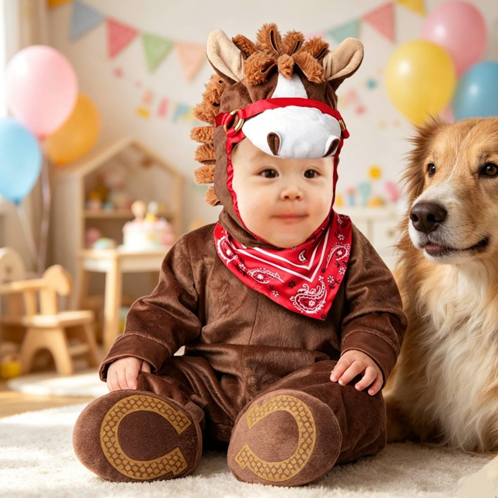 F Fityle Costume da Cucciolo di Animale per Halloween, Travestimento Originale per Feste, Divertente Tuta con Cappuccio per Cosplay e Giochi di Ruolo per, Cavallo Marrone, XL