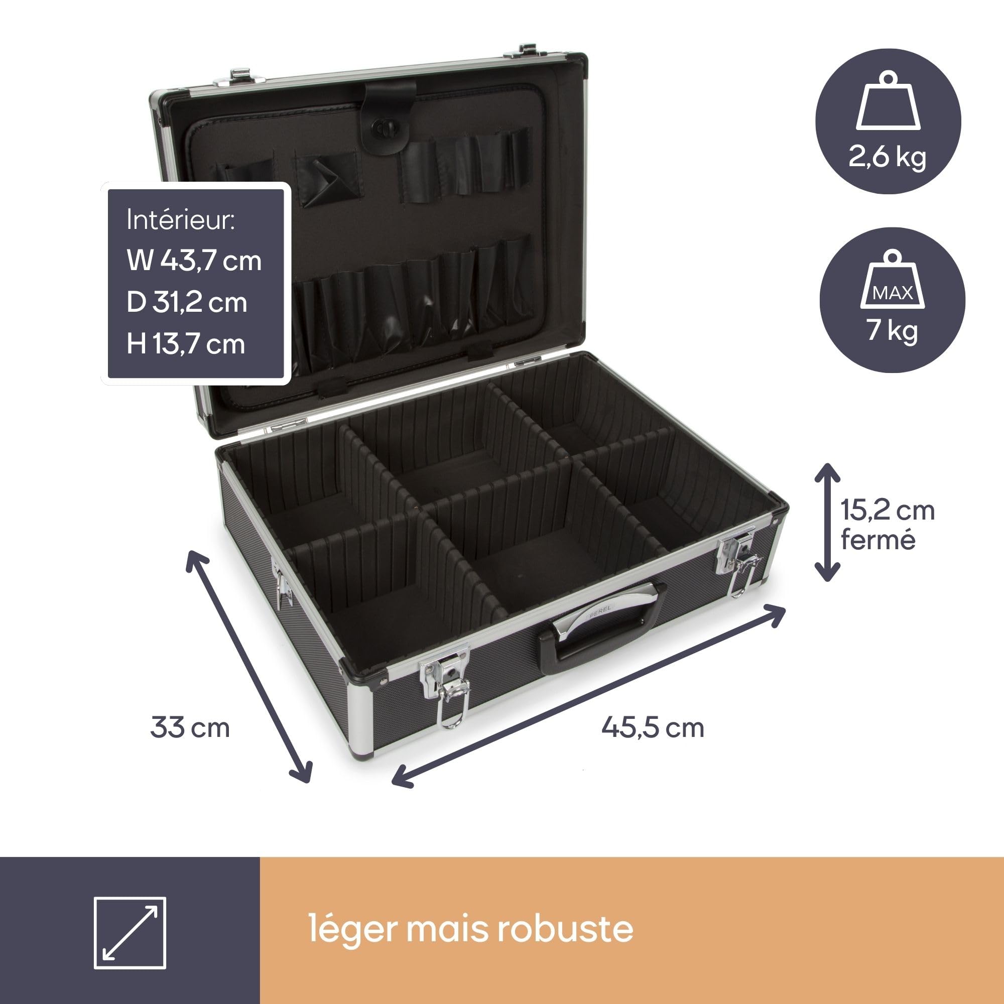 Perel Mallette à outils, panneau porte-outils, séparateurs amovibles, verrouillage par clé, 2 clés, aluminium, gris, 455 x 330 x 152 mm