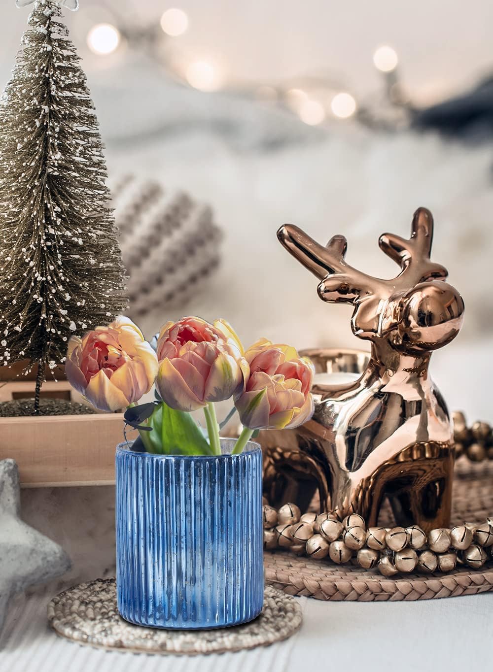 Serene Spaces Living Vintage Blue Ribbed Mercury Glass Vase - Floral Arrangements, Table Centerpiece, Home, Office, Wedding, Holiday & Special Events Decor, 5" Diameter & 6" Tall, Pack of 6