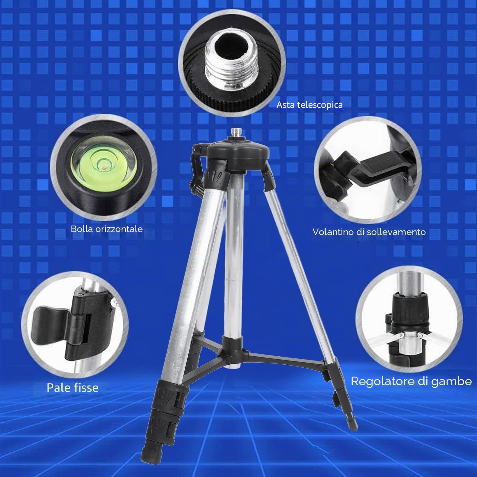 Treppiede per Livella Laser, Treppiede in Alluminio Ad Altezza Estensibile con Livella a Bolla, Gambe Pieghevoli, Supporto per Misurazione Orizzontale Autolivellante