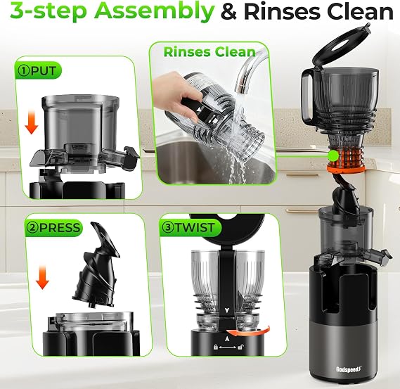 Godspeeds Juicer Machines, 5.8 Large Feed Chute Cold Press Juicer | For Whole Fruits & Vegetables, Easy to Clean Design, High Juice Yield Slow Masticating Juicer for Home Daily Wellness
