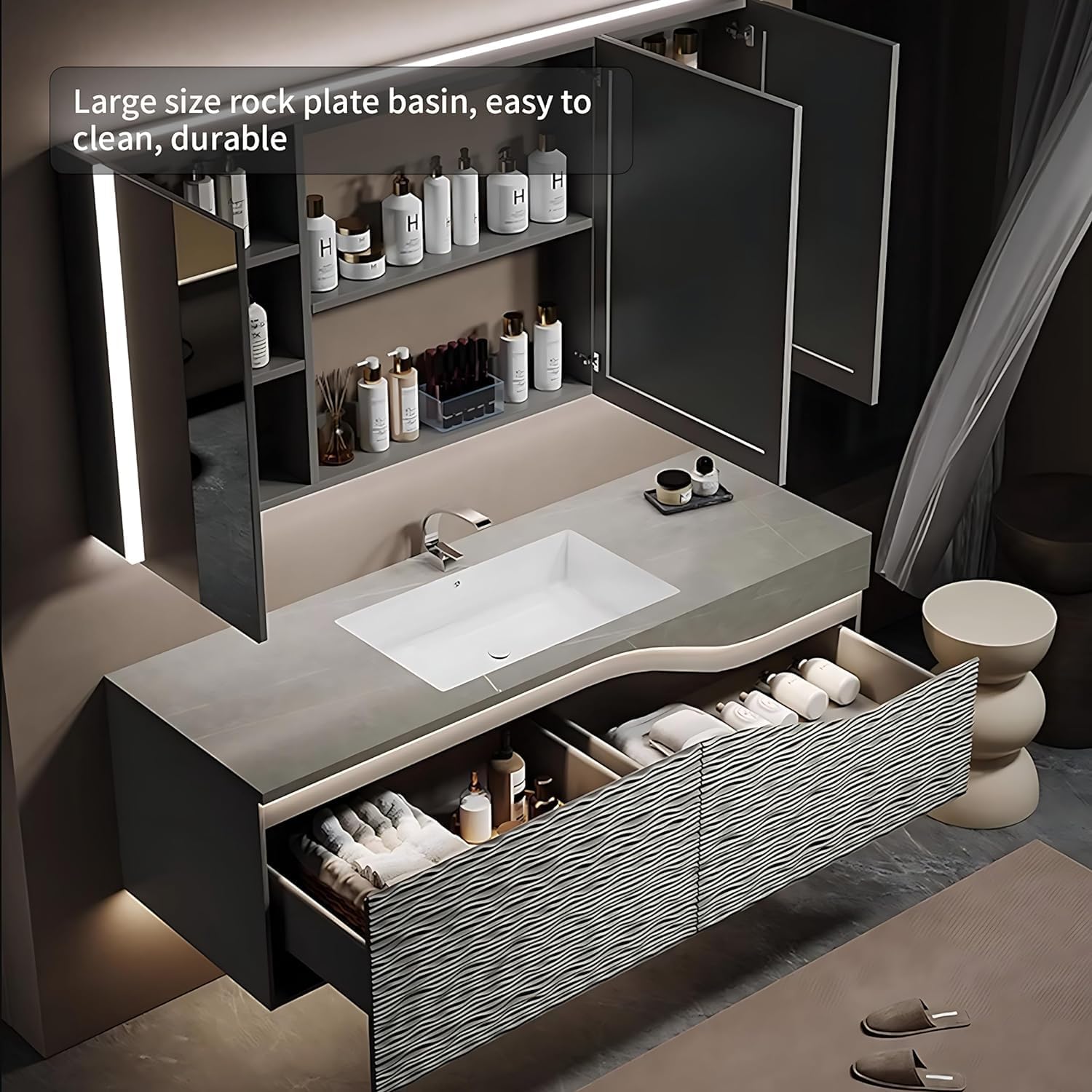 Bathroom Vanity with Sink - Solid Wood Bathroom Vanity with LED Smart Demister Mirror ? Smart Sensor Light ? Wall Mounted Bathroom Sink Cabinet with Multiple Storage (44'')