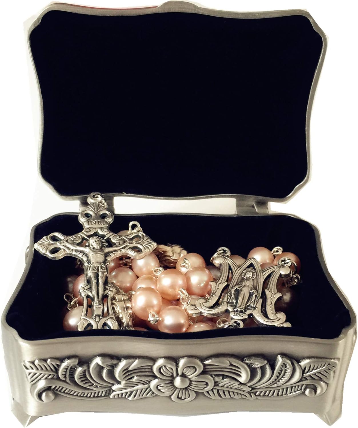 elegantmedical HANDMADE CATHOLIC AAA 8-9mm REAL PEARL SILVER ROSE BEADS ROSARY CROSS NECKLACE BOX