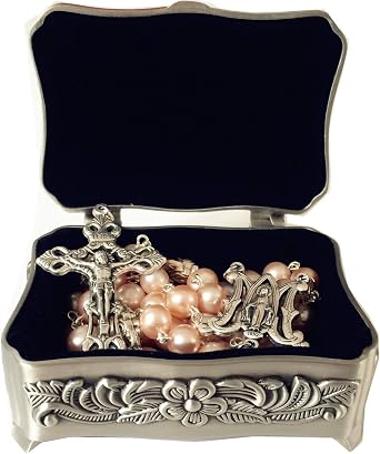 elegantmedical HANDMADE CATHOLIC PINK AAA 8-9mm REAL PEARL SILVER ROSE BEADS ROSARY CROSS NECKLACE BOX
