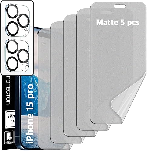 [5+2] 5 protectores de pantalla de película de TPU antirreflejos (mate) + 2 protectores de lente compatibles con iPhone 15 Pro 5G 2023 fácil de