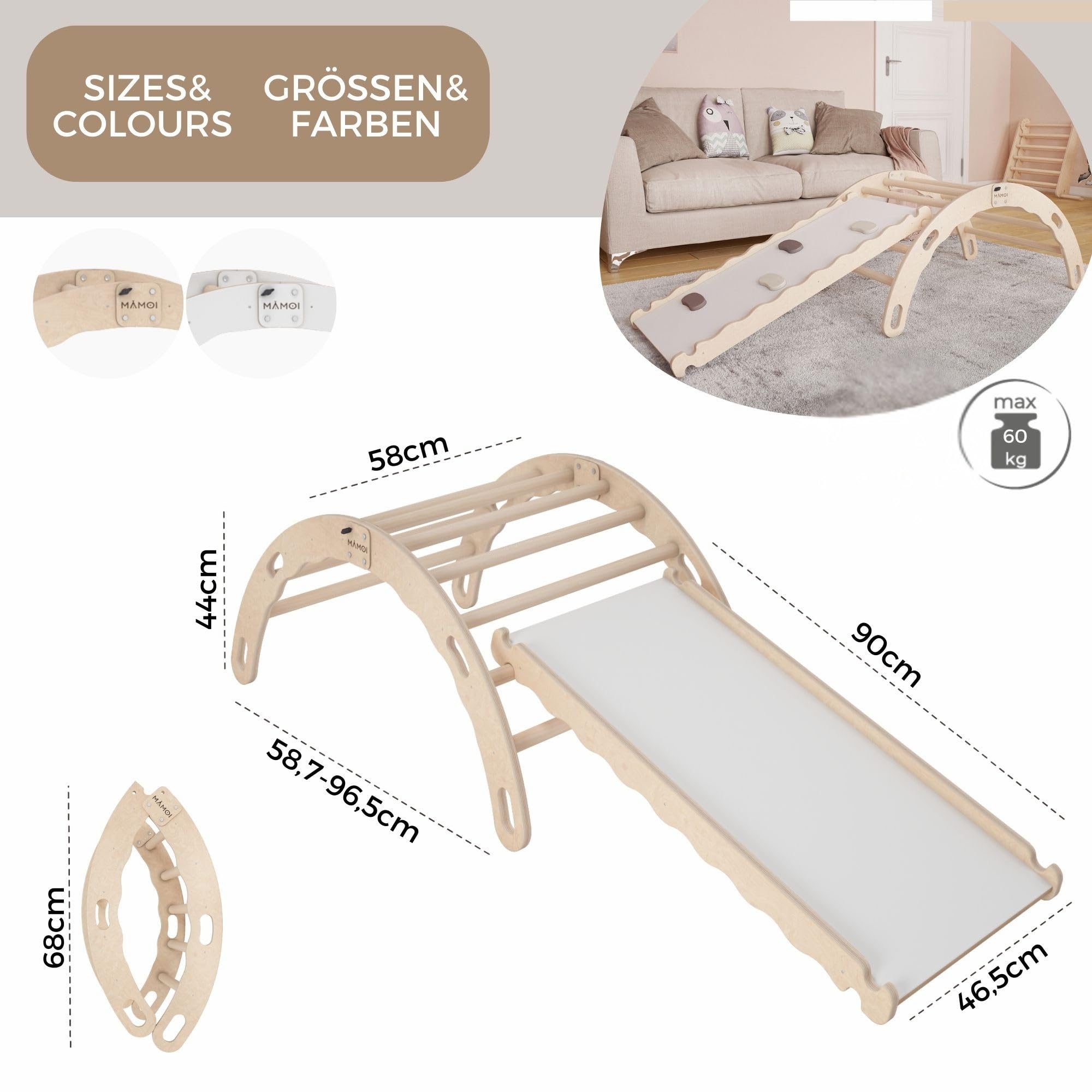 MAMOI® Kletterbogen mit Rutsche, Kletterdreieck, Klettern, Klettergerüst aus Holz, Holzbogen, Rutschbrett für Spielplatz, Klettergerüst Indoor