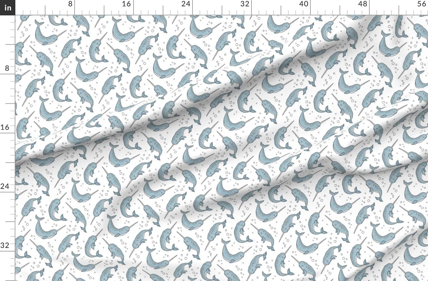 Spoonflower Fabric - Narwhal Blue White Narwhals Nautical Ocean Sea Whales Whale Bubbles Printed on Organic Cotton Sateen Fabric by The Yard - Sewing Quilting Apparel Home Decor
