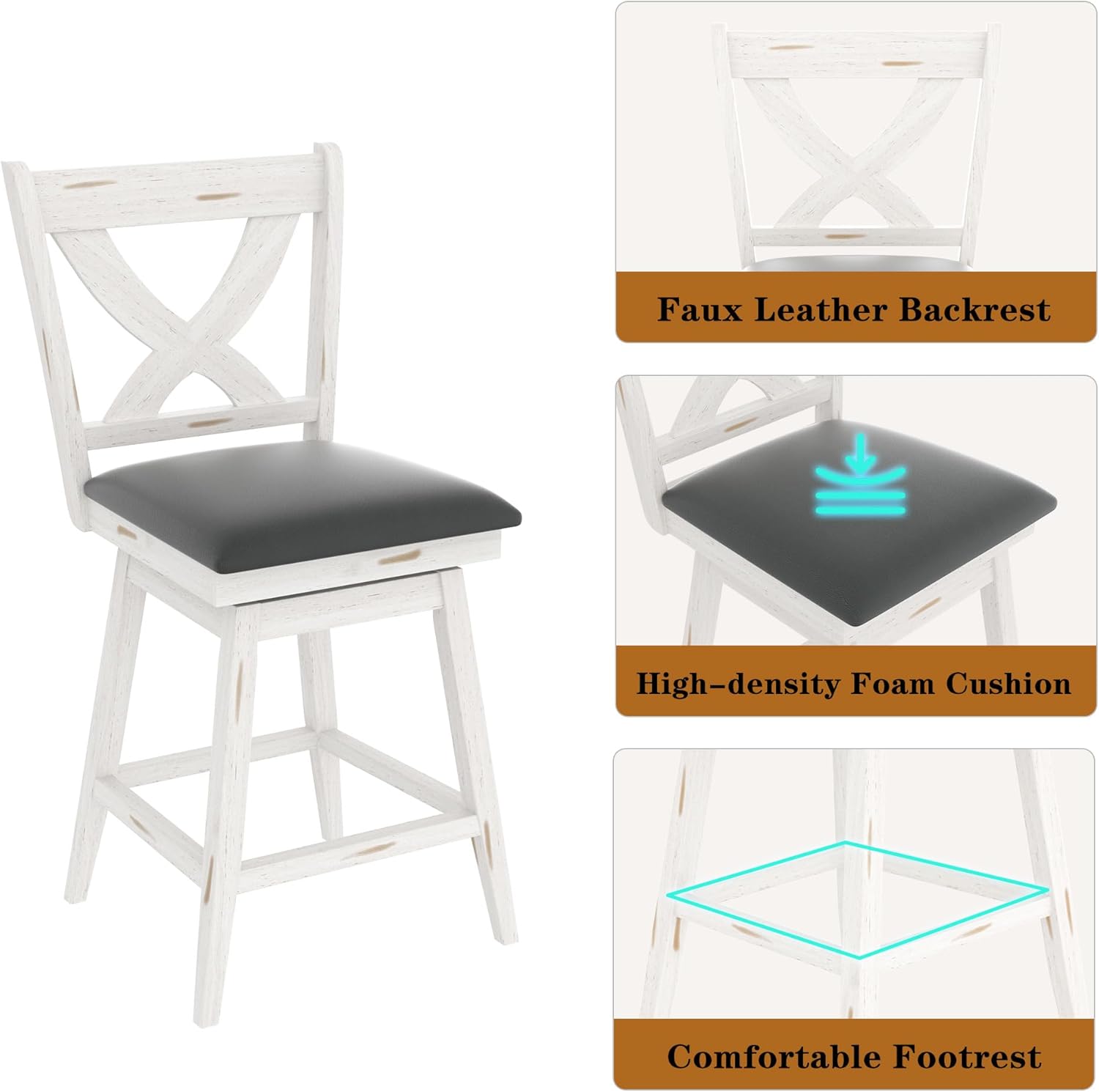 Betterhood 24" Swivel Counter Height Stools, High Back Swivel Bar Stools with Faux Leather Upholstered Seat & Solid Wood Footrest, Counter Bar Chairs for Kitchen Island & Pub (Antique White, Set of 2)