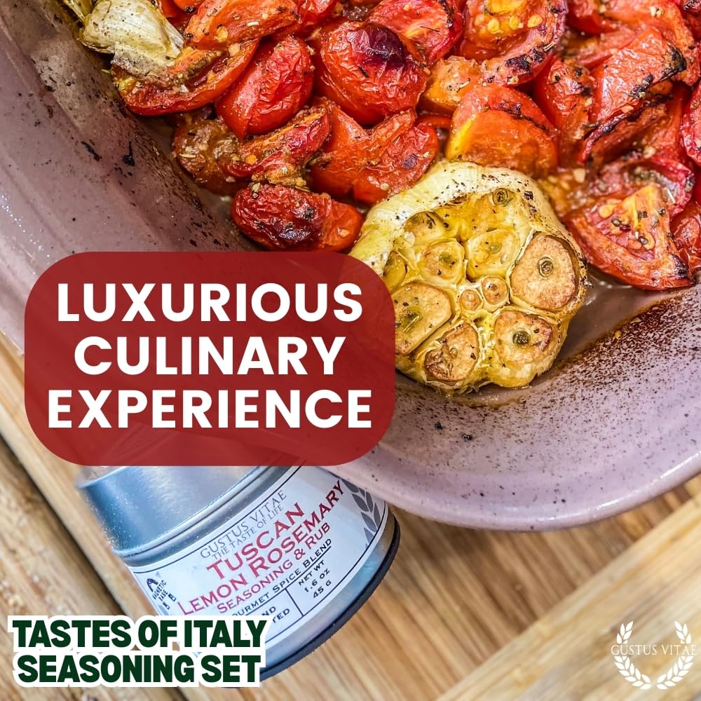 Italian Seasoning Gift Set | Tastes of Italy | Artisanal Spice Blends Six Pack | Non GMO, All Natural | No MSG, Gluten, Soy, Nuts | Small Batch, Hand Made Seasonings | No Artificial Ingredients, Ultra Premium | Made in USA | GLP-1 Friendly | Magnetic Tins | Gustus Vitae | All Occasion Gift