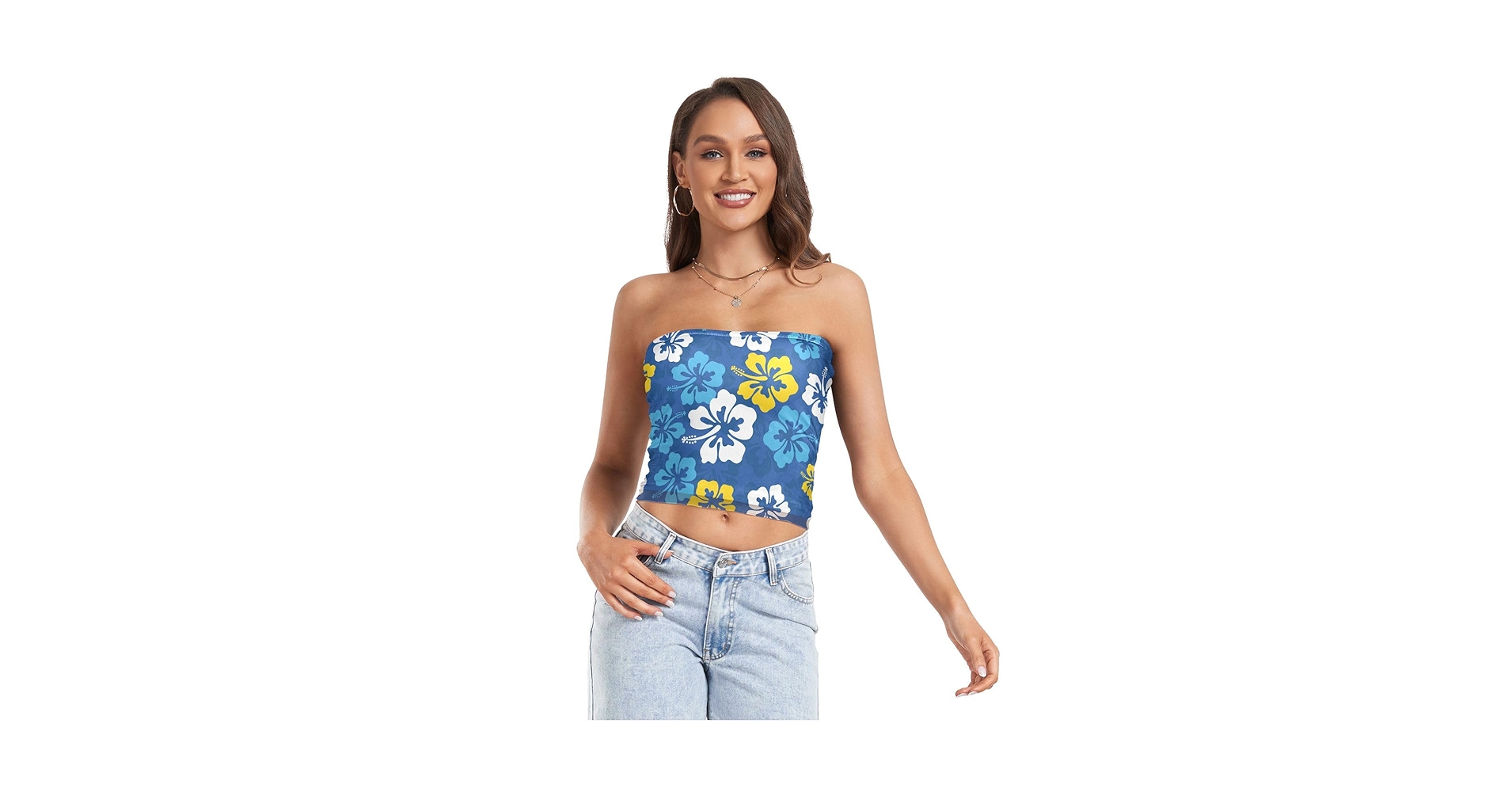OTVEE Womens Tube Tops Blue Yellow Hibiscus Flowers