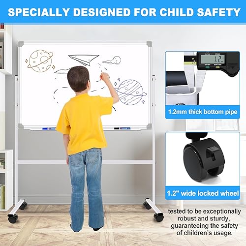 Miniatura 5 de H-Qprobd Pizarra blanca magnética de borrado en seco con soporte de doble cara, 36 x 24 pulgadas, altura ajustable, pizarras blancas rodantes sobre