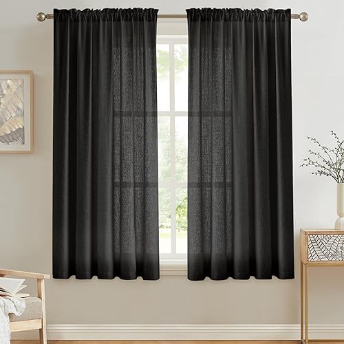 Cortinas semitraslúcidas de lino con bolsillo para barra de cortina incluidas, cortinas semitransparentes, privacidad y serenidad para dormitorio,