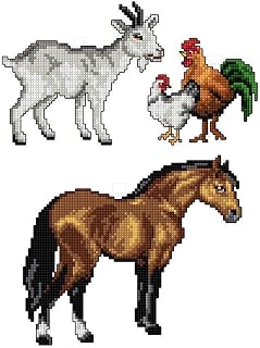 Counted Cross-Stitch Kit on Plastic Canvas with Farm Animals. 3 Wonderful Ornaments Different Dimensions 128CS. Great for Embroidery & Needlework Amateurs