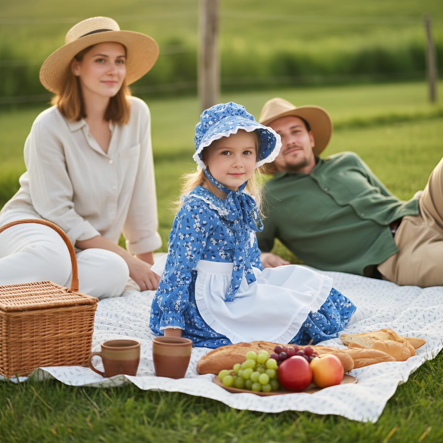 Girls Pioneer Colonial Costume Pioneer Outfit for Kids Floral Prairie Dress with Bonnet, Apron and Purses