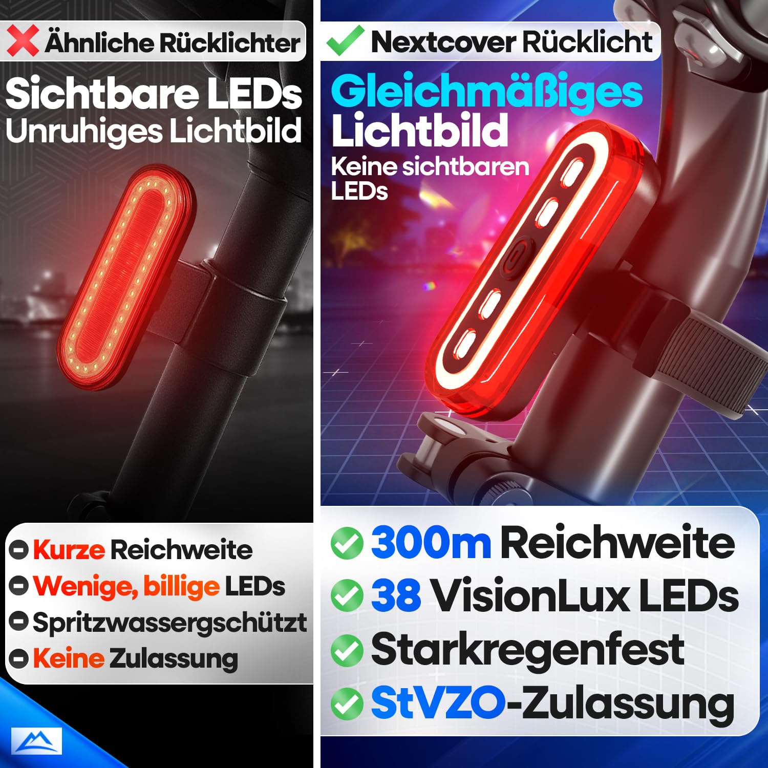 NEXTCOVER® Rücklicht Fahrrad mit [VisionLux] LEDs und Bremslicht I StVZO zugelassen I LED Fahrradrücklicht mit 8 Stunden Akku I Fahrradlicht hinten für Rennrad, E-Bike, Fahrrad Rücklicht blinkend