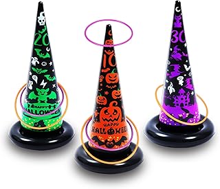 10Pcs Halloween Inflatable Witch Hat Ring Toss Games with 6 Rings and Pump Halloween Party Games Decorations Ring Toss Gift Set for Kids Adults