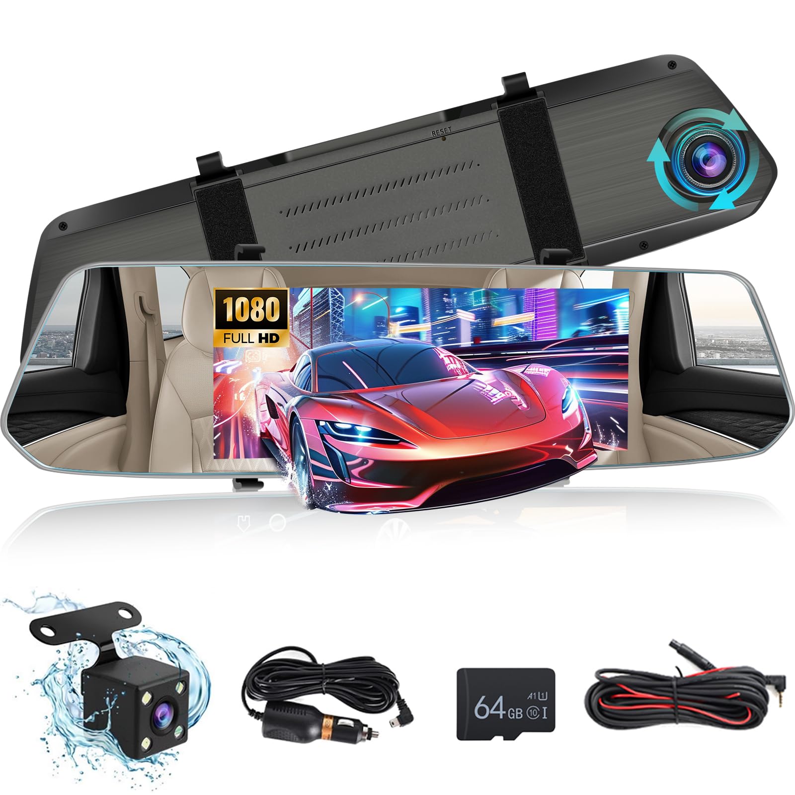 Telecamera per specchietto retrovisore con scheda TF da 64G, touch screen da 7 pollici/registrazione loop/Night Vision/G-Sensor/24-Hour Motion Detection/Parking Assistance + telecamera di backup