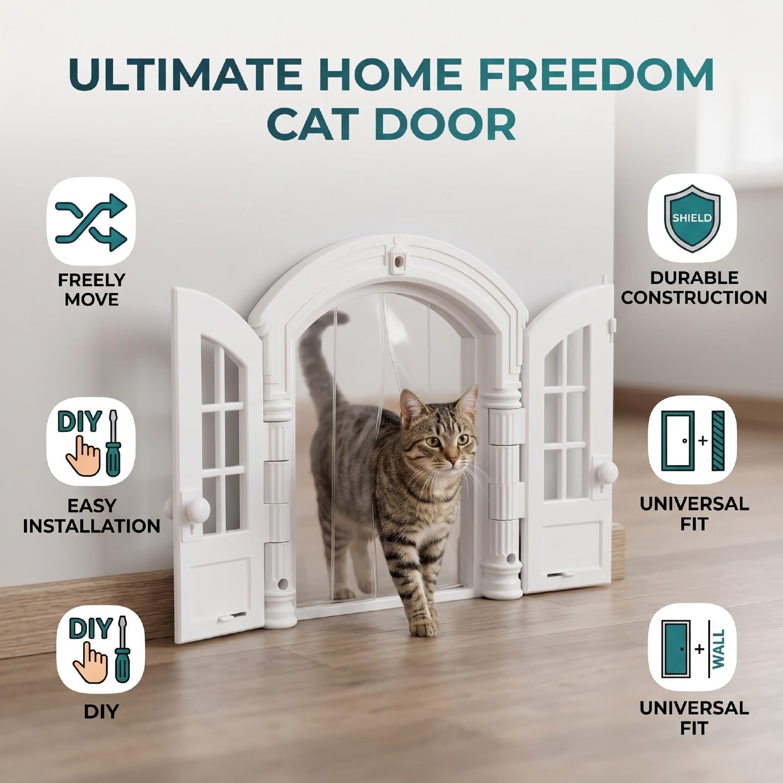 Luocute Katzentür für Katzen und kleine Hunde, glatte Klappe, einfache Installation für Innenwände, vielseitige Indoor-Kitty-Tür für festen oder hohlen Kern, 24 x 27 x 7 cm, Weiß mit Vorhang