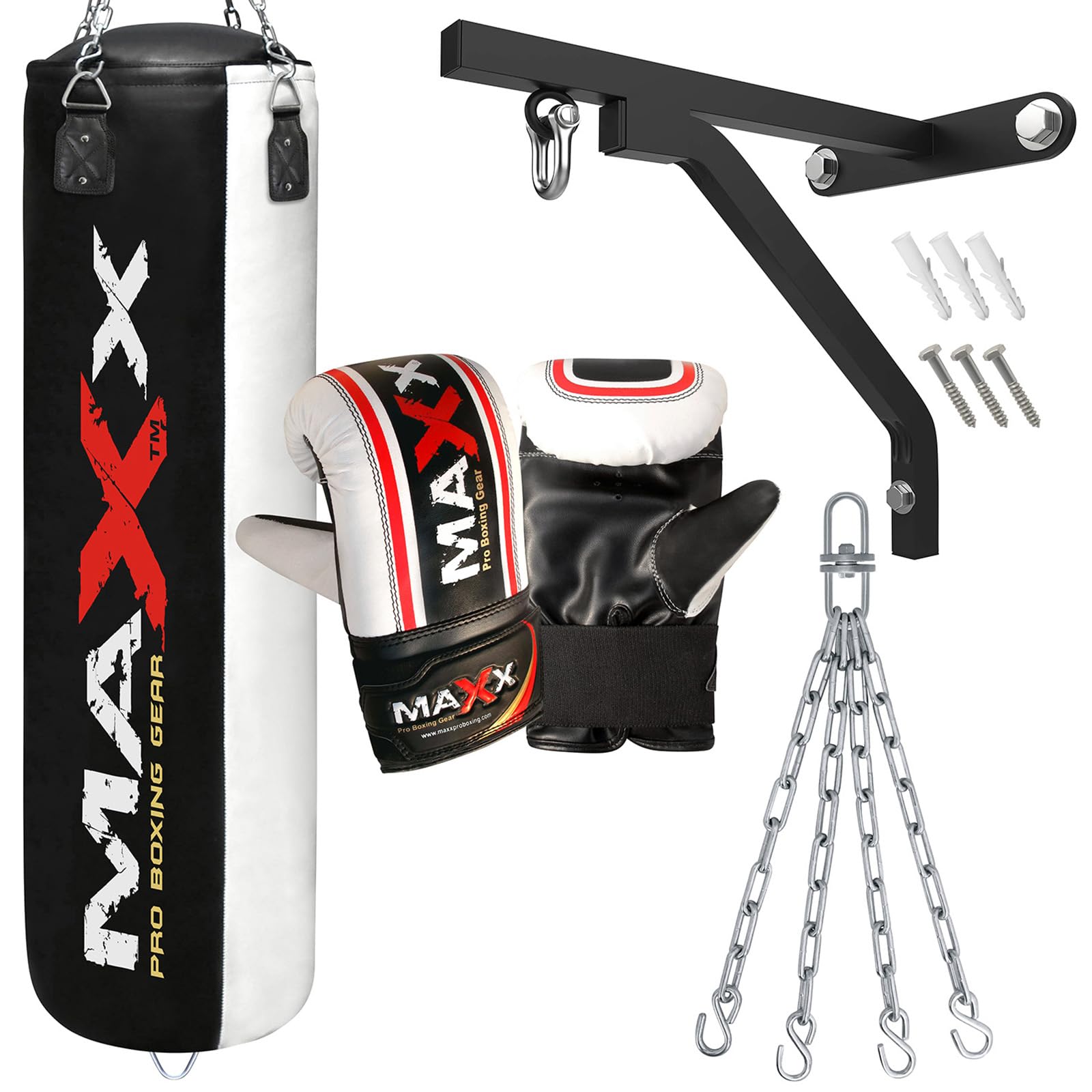Maxx Black and White 3ft 4ft 5ft 6ft Filled Hanging Boxing Punch Bag Set Heavy Punching bag