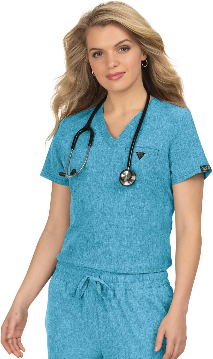 KOI Basics Kade Women's 1-Pocket Tuck-in Scrub Top Heather Electric Blue 3X-Large