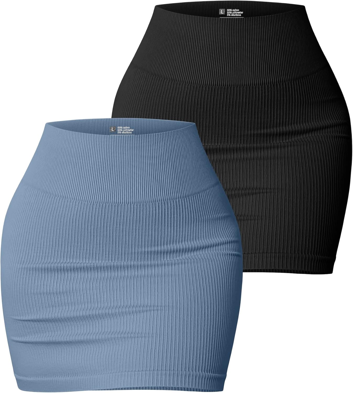tall: L OQQ Women's 2 Piece Basic Versatile Stretchy Ribbed Casual High Waist Mini Skirt, Black Haze Blue, Large